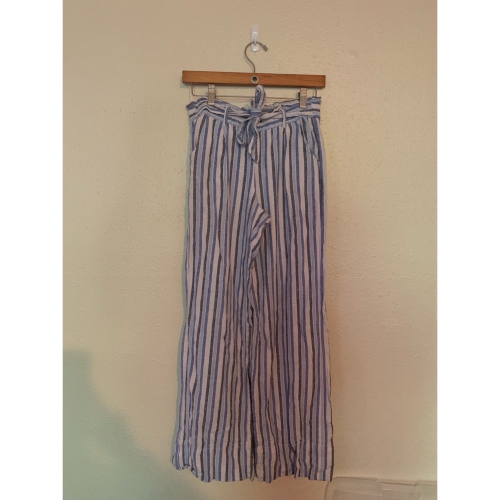 Jolt Vertical Stripe Tie Waist Linen Wide Leg Beach Pants